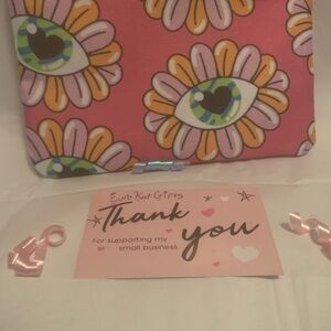 Cute IPSY Pink Floral Eye Pattern Cosmetic Bag collector Amethyst zipper pull.